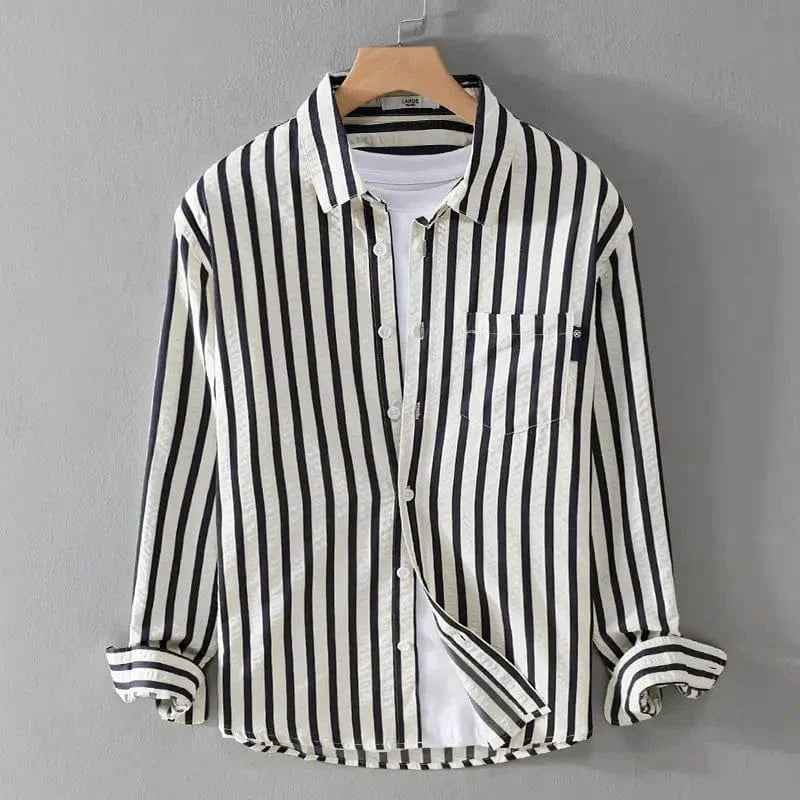 2023 Spring and Autumn Men's Square Neck Button Stripe Pocket Loose Trendy Casual Fashion Elegant Commuting Long sleeved Shirt