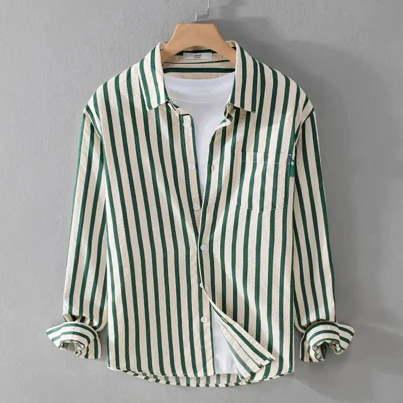 2023 Spring and Autumn Men's Square Neck Button Stripe Pocket Loose Trendy Casual Fashion Elegant Commuting Long sleeved Shirt