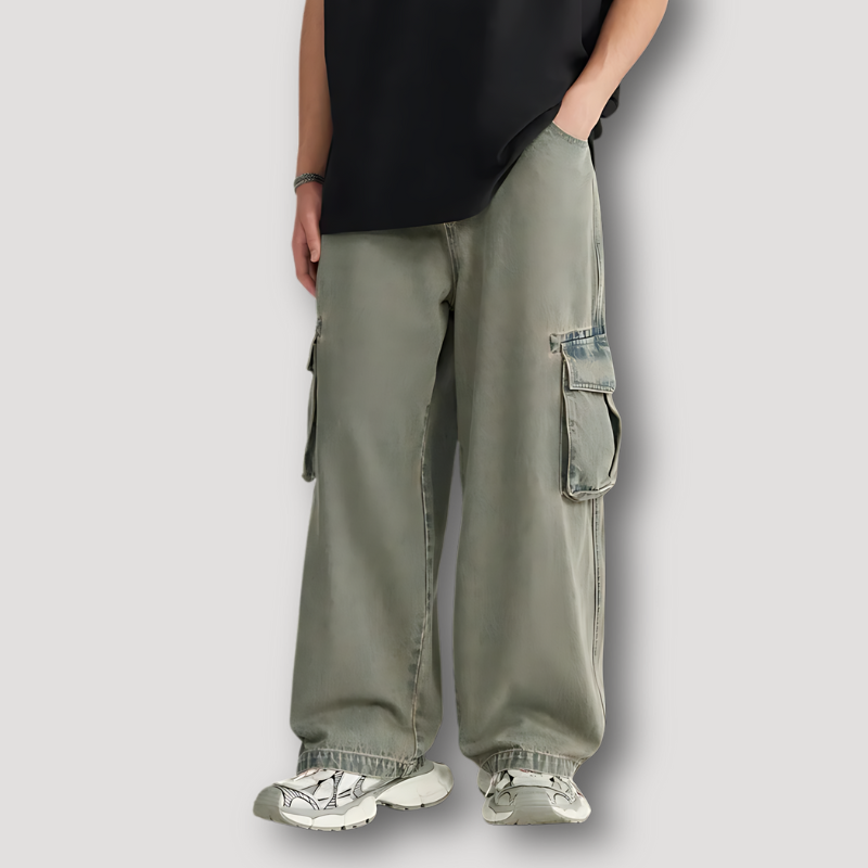 Distressed Washed Vervaagd Oversized Wide Leg Cargo Broek Denim