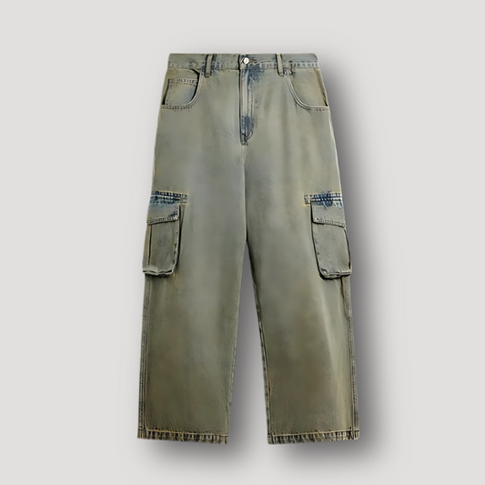 Distressed Washed Vervaagd Oversized Wide Leg Cargo Broek Denim