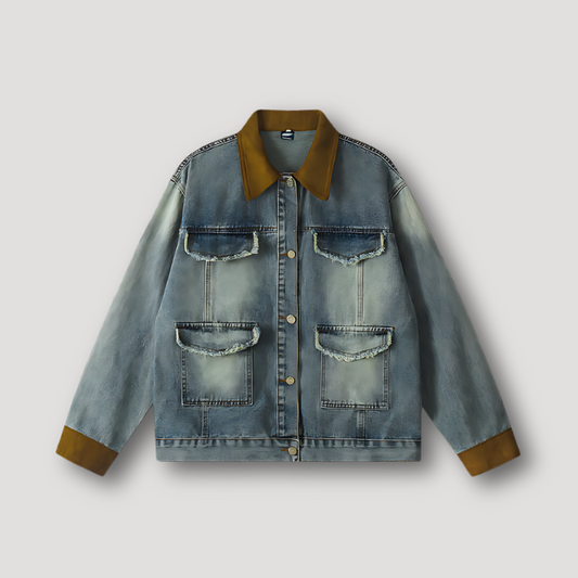 Vintage Vervaagd Distressed Bruin Suède Accenten Denim Jas