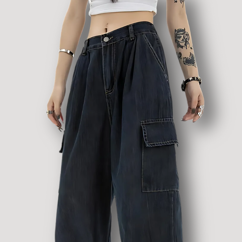 High-Waisted Wide Leg Zwart Washed Cargobroek Dames Jeans