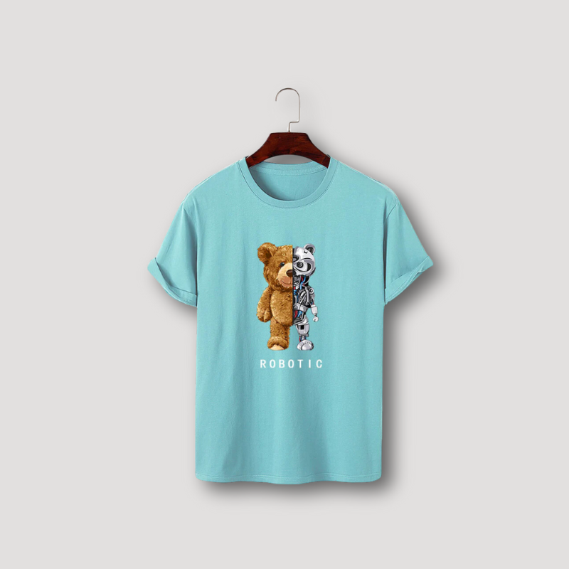 Robotic Bear Grappig Grafisch Zomer Printed Crew Neck T Shirt