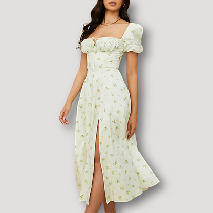 Bloemen Puffed Korte Mouw High Slit Summer Maxi Dress