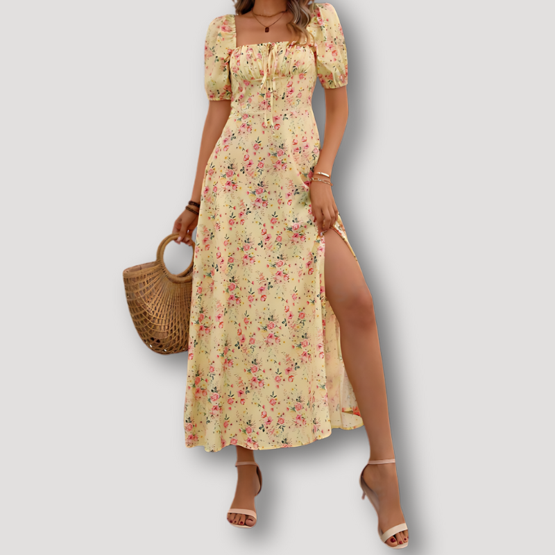 Bloemen Puffed Korte Mouw High Slit Summer Maxi Dress