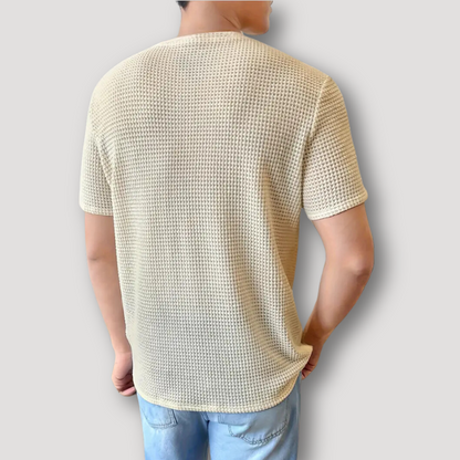 Beige Wafel Knit Zomer Crew Neck T Shirt Mannen