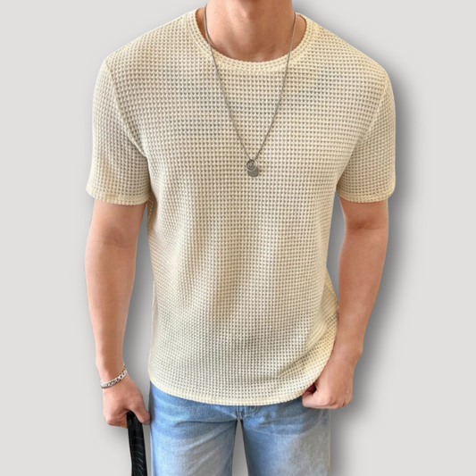 Beige Wafel Knit Zomer Crew Neck T Shirt Mannen