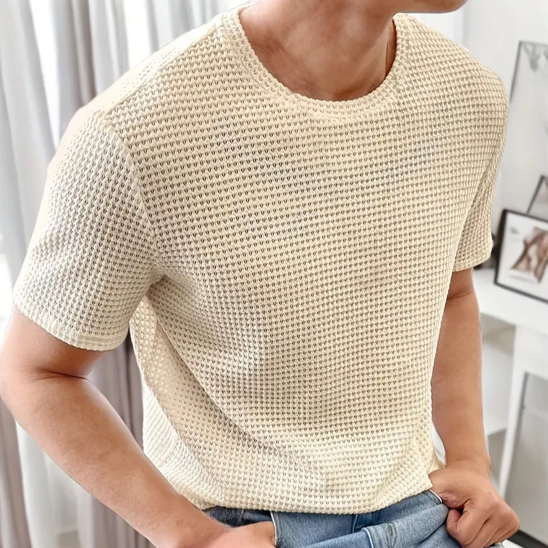 Beige Wafel Knit Zomer Crew Neck T Shirt Mannen