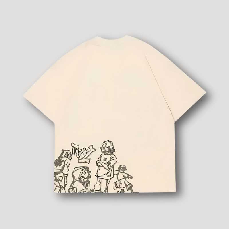 Oversized Handgetekende Schetsstijl Beige Grafisch T Shirt