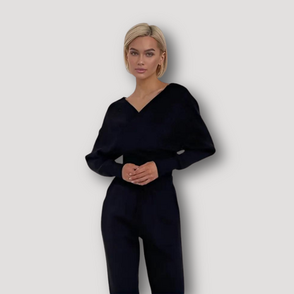 Off Shoulder Geribd Gebreid V-hals Joggers Twin Set