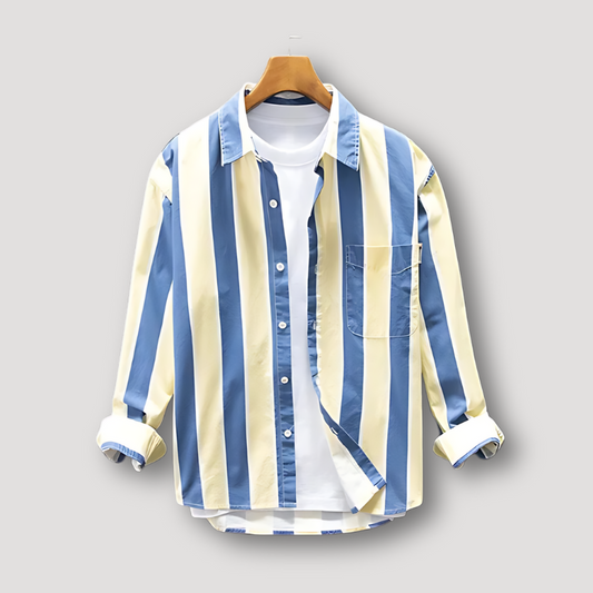 Casual Lange Mouw Blauwe Crème Streep Button Up Collar Shirt Mannen