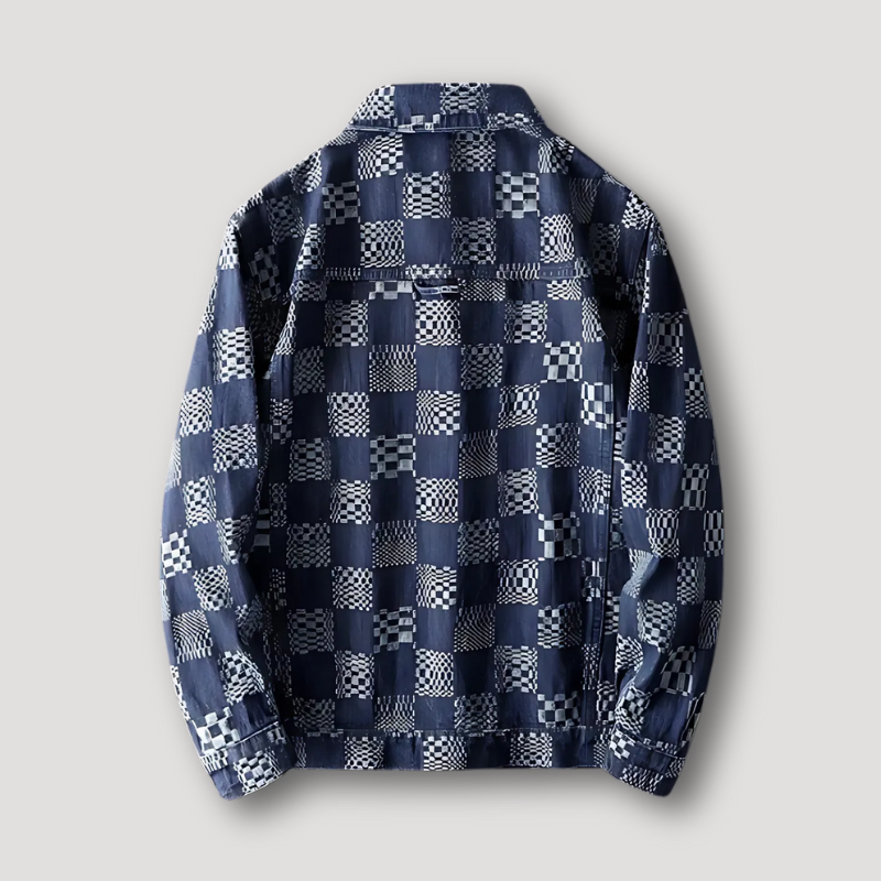 Vintage Geometrisch Check Patroon Woven Klassisek Denim Jas