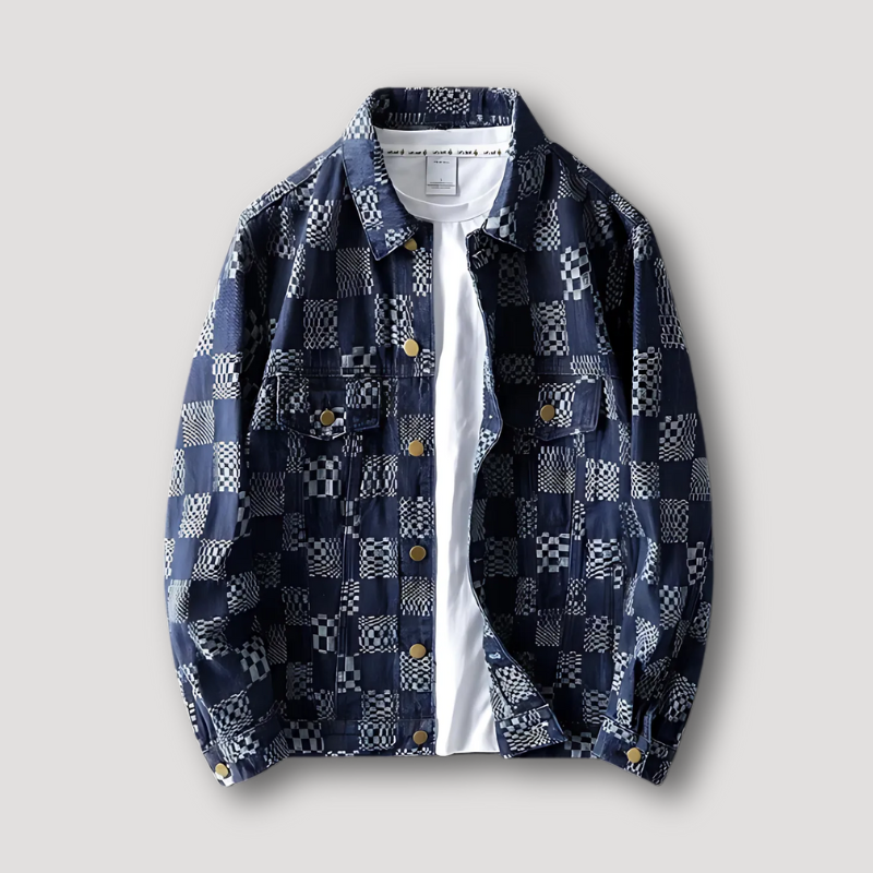 Vintage Geometrisch Check Patroon Woven Klassisek Denim Jas