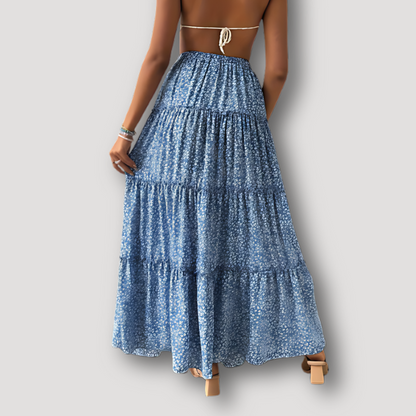 Lichtblauw Bloemen Patroon Lang Gestreept Boho Stijl Maxi Rok