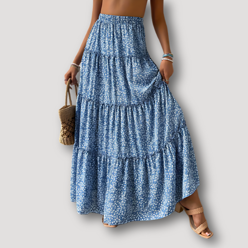 Lichtblauw Bloemen Patroon Lang Gestreept Boho Stijl Maxi Rok