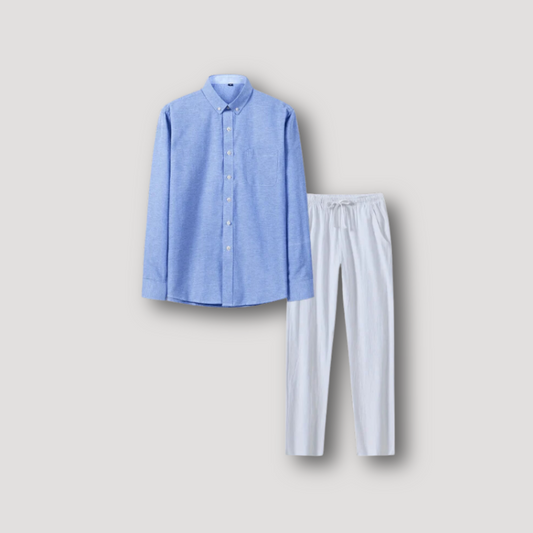 Blauw Lange Mouw Kraag Shirt Linnen Broek Zomer Outfit Set