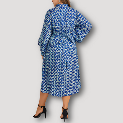 Blauw Geometrisch Patroon Tie Neck Plus Size Midi Dress