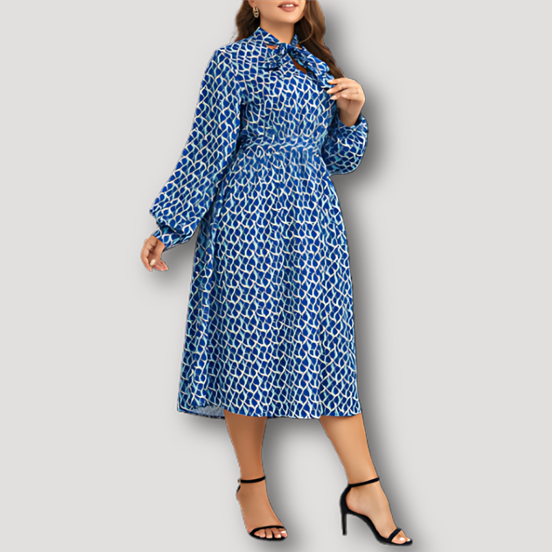 Blauw Geometrisch Patroon Tie Neck Plus Size Midi Dress