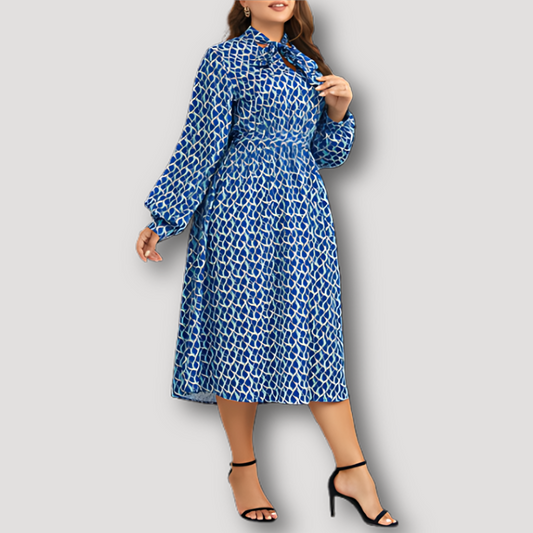 Blauw Geometrisch Patroon Tie Neck Plus Size Midi Dress