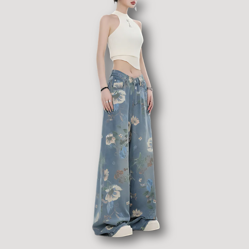 Bloemen Patroon Boho Stijl High Rise Wide Leg Jeans Dames