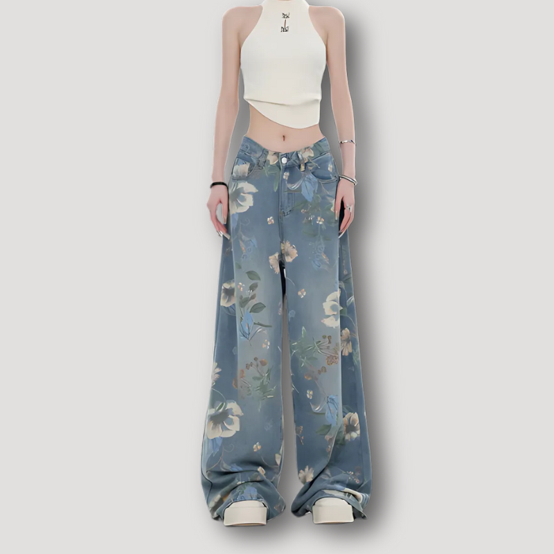 Bloemen Patroon Boho Stijl High Rise Wide Leg Jeans Dames