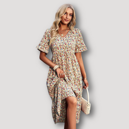 Vintage Bloemen V-hals Stromend Midi Dress