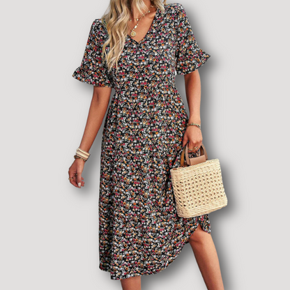 Vintage Bloemen V-hals Stromend Midi Dress