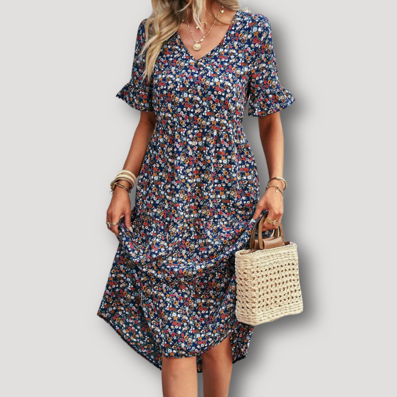 Vintage Bloemen V-hals Stromend Midi Dress