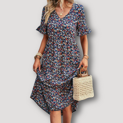 Vintage Bloemen V-hals Stromend Midi Dress