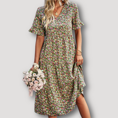 Vintage Bloemen V-hals Stromend Midi Dress