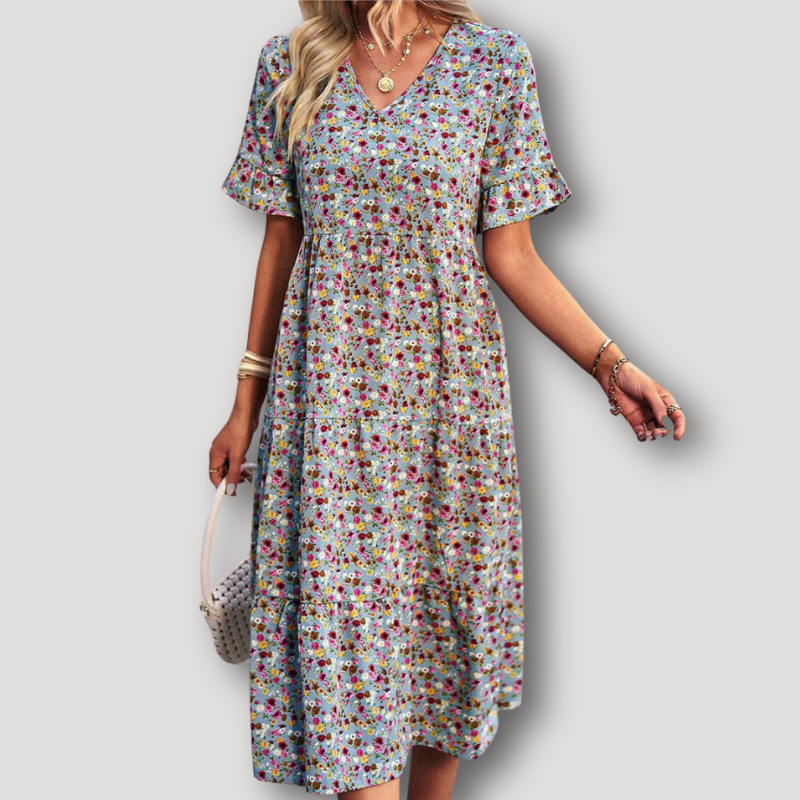 Vintage Bloemen V-hals Stromend Midi Dress