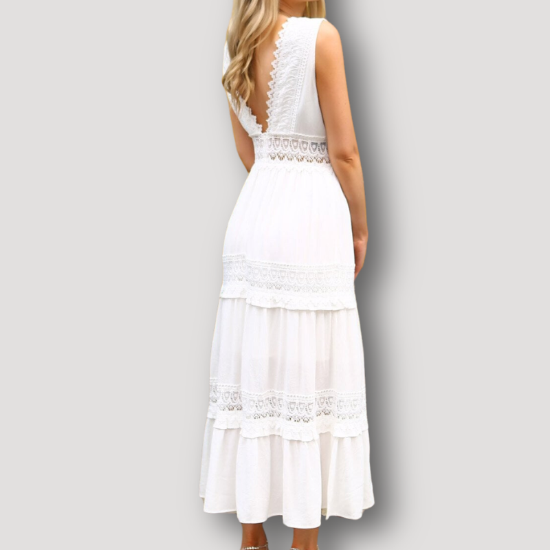 Tiered Stromend Wit Kanat V-hals Boho Midi Jurk