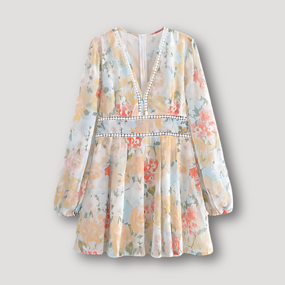 Lange Mouw Vloeiende Bloemen V-hals Summer Dress