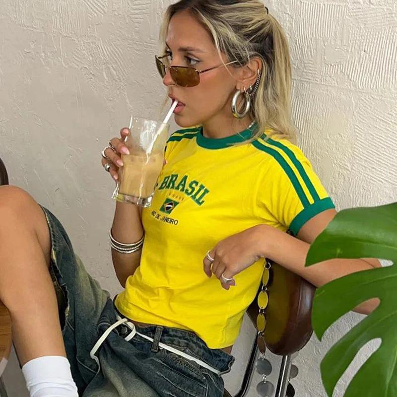 Brasil Land Letter Grafisch Crop Top Shirt