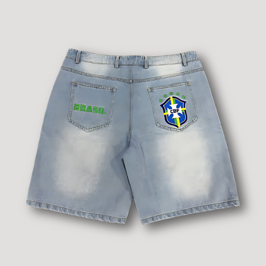 Lichtblauwe Gewassen Verbleekt Brazilië Borduursel Denim Jorts