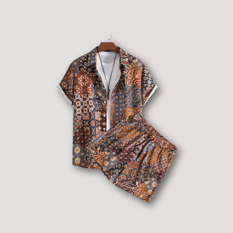 Koffie Paisley Korte Mouw Shirt en Korte Broek Set Zomer Outfit