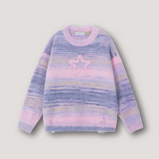 Borduurwerk Ster Pastel Kleuren Horizontaal Ribgebreide Strepen Sweater