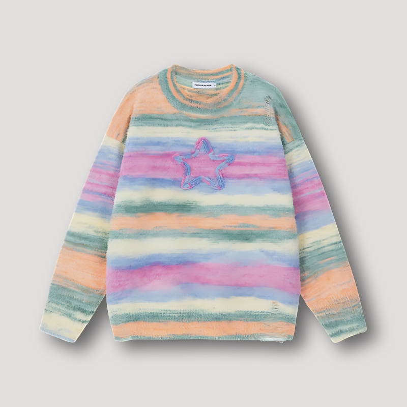 Borduurwerk Ster Pastel Kleuren Horizontaal Ribgebreide Strepen Sweater