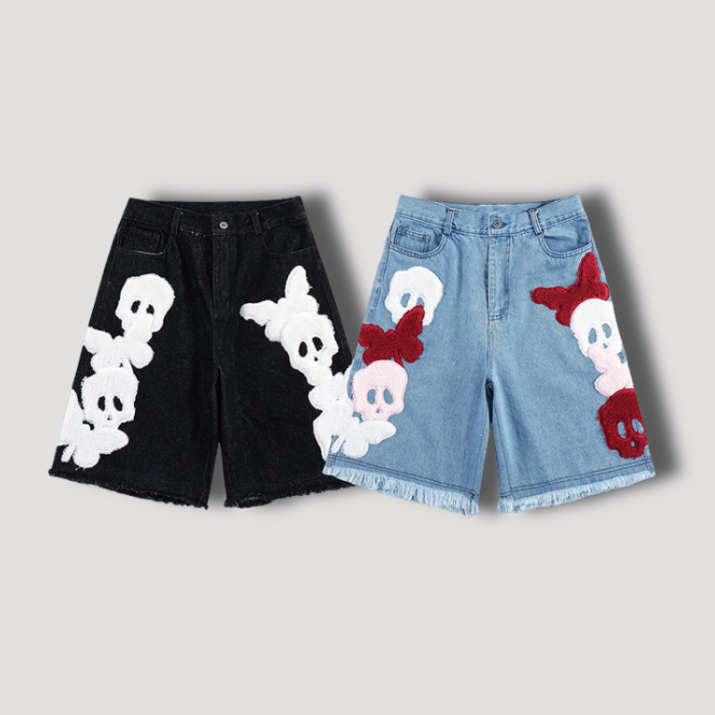 Y2K Butterfly Skull Denim Shorts - Streetwear korte broek voor mannen