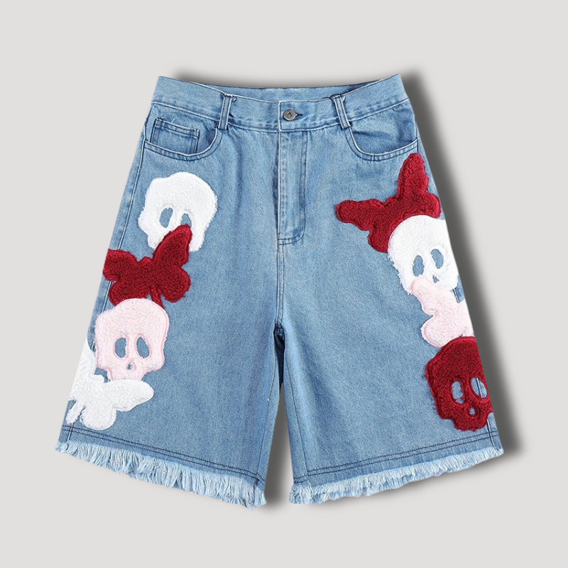 Y2K Butterfly Skull Denim Shorts - Streetwear korte broek voor mannen