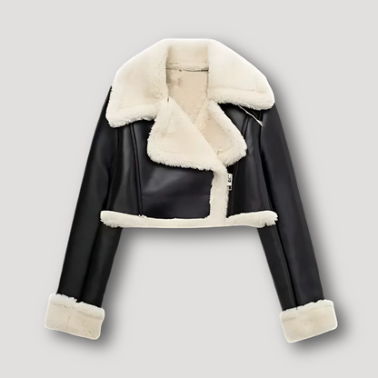 Cropped Zwart Shearling Voering Leren Jas