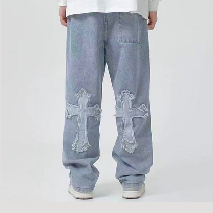 Y2K Cross Patchwork Denim Jeans - Hip hop retro style kleding