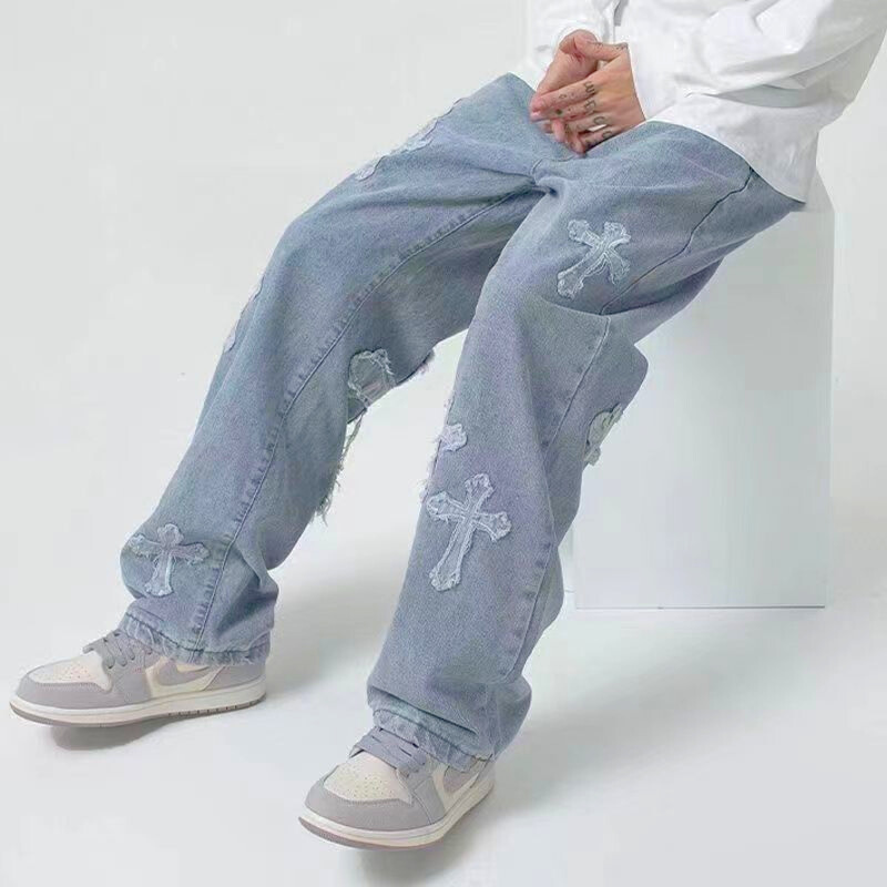 Y2K Cross Patchwork Denim Jeans - Hip hop retro style kleding