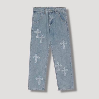 Y2K Cross Patchwork Denim Jeans - Hip hop retro style kleding