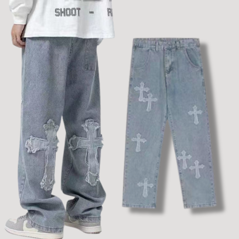 Y2K Cross Patchwork Denim Jeans - Hip hop retro style kleding