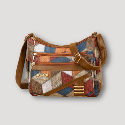 Vibrant Geometrisch Patchwork Bruin Leer Schouder Tas