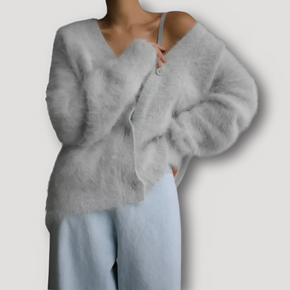 Angora Gedrapeerde Wol Oversized Fit Cardigan V Hals