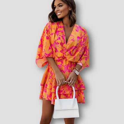 Vibrant Stromend Draped Mouwen Mini Wrap Summer Dress