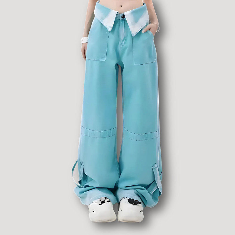 Retro Driehoekige Taille Wide Leg Pastel Kleur Denim Jeans