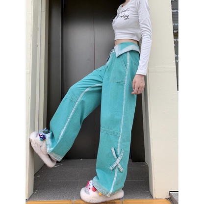 Retro Driehoekige Taille Wide Leg Pastel Kleur Denim Jeans